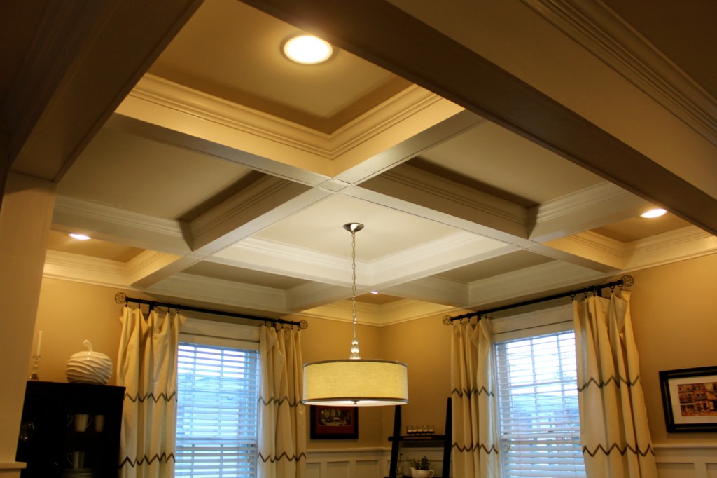 Coffered ceilings with new drum shade light. (light purchased on Overstock.com)